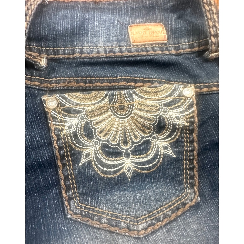 VTG Y2K Almost Famous Thick Stitch Stretch Embroidered Pockets Jeans Sz 7 Grunge